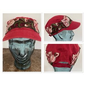 Vtg Red Floral Embroidered Hat Army Military Cadet Chic Cotton Boho Y2K OS Adj